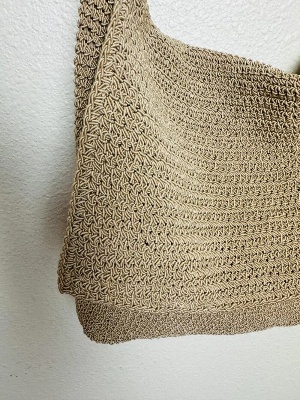 Boho Crochet Style Hippie Crossbody Bag  Long Strap Beige